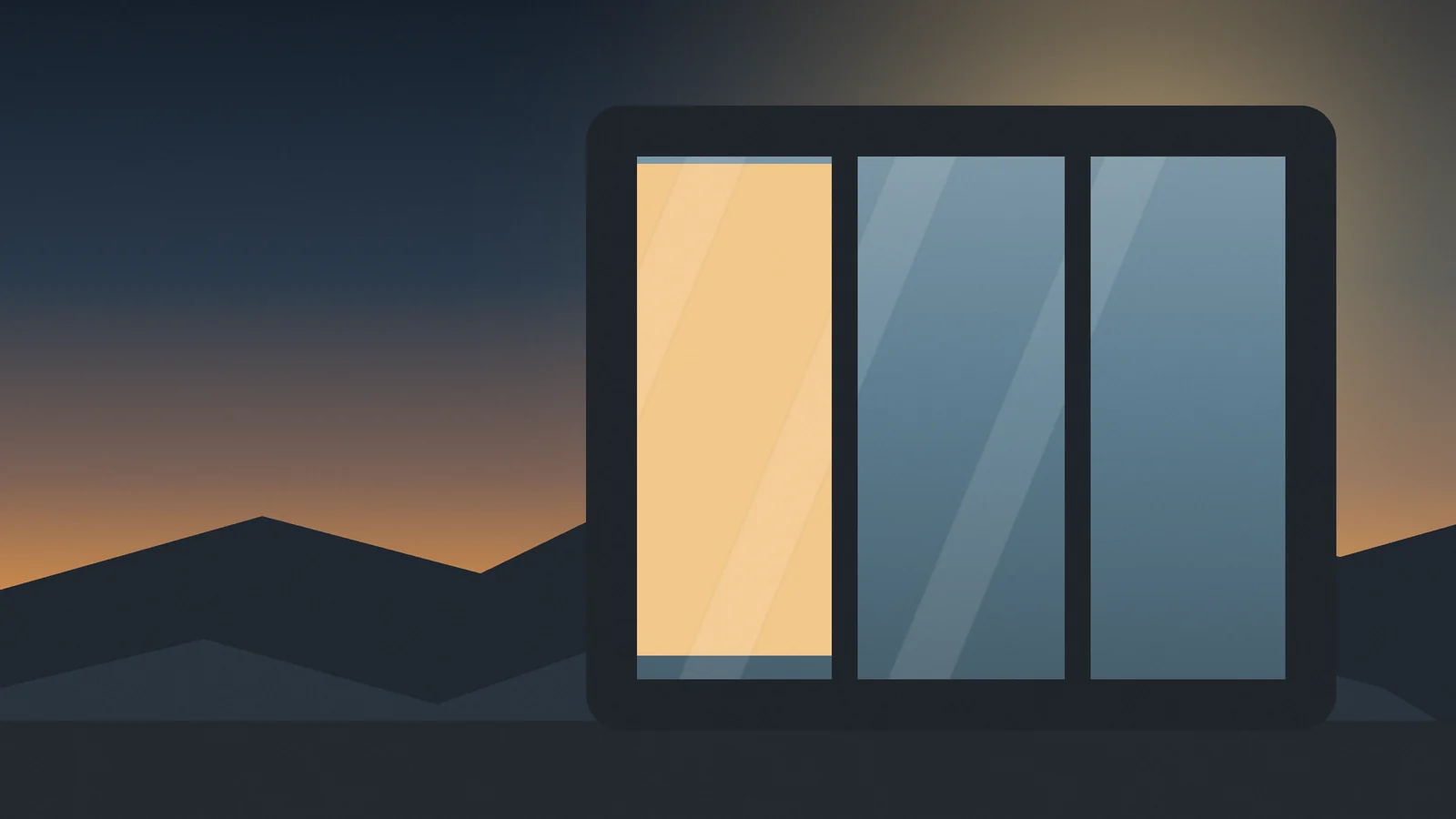 Las Vegas window repair illustration: sealed windows glowing against a desert dusk skyline